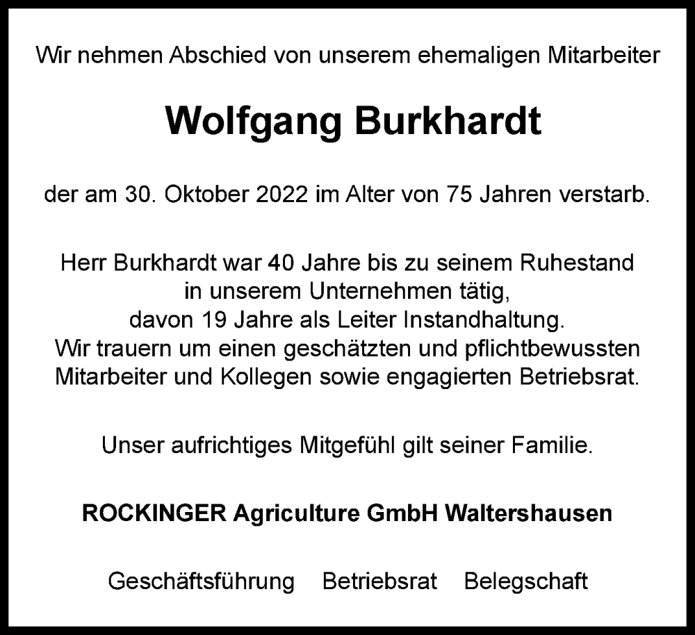  Traueranzeige für Wolfgang Burkhardt vom 17.11.2022 aus Thüringer Allgemeine, Thüringische Landeszeitung