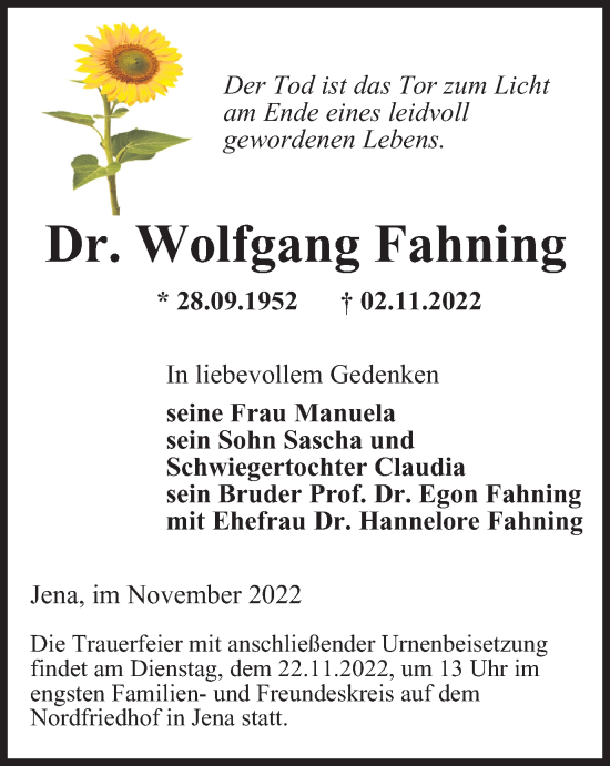 Traueranzeige von Wolfgang Fahning von Ostthüringer Zeitung, Thüringische Landeszeitung