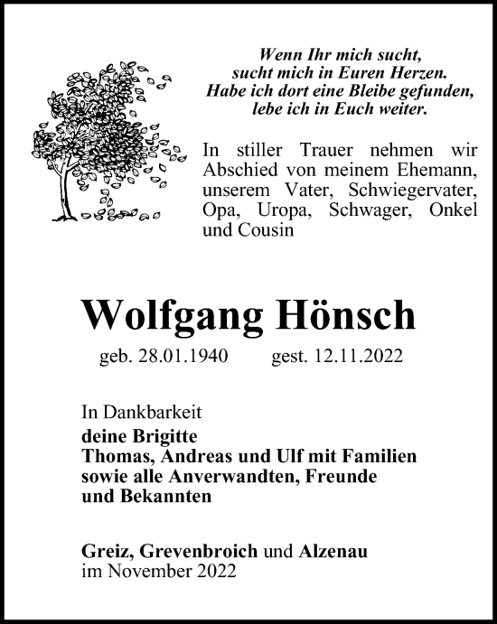 Traueranzeige von Wolfgang Hönsch von Ostthüringer Zeitung