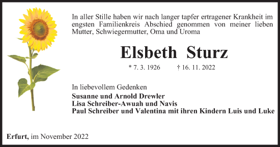 Traueranzeige von Elsbeth Sturz von Thüringer Allgemeine, Thüringische Landeszeitung