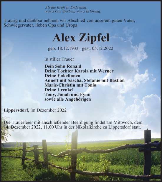 Traueranzeige von Alex Zipfel von Ostthüringer Zeitung