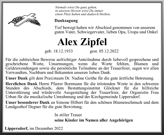 Traueranzeige von Alex Zipfel von Ostthüringer Zeitung