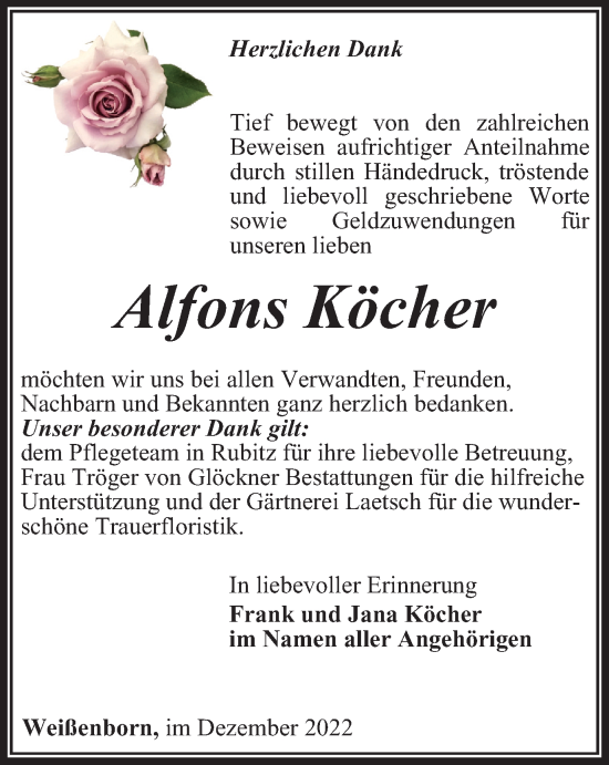 Traueranzeige von Alfons Köcher von Ostthüringer Zeitung