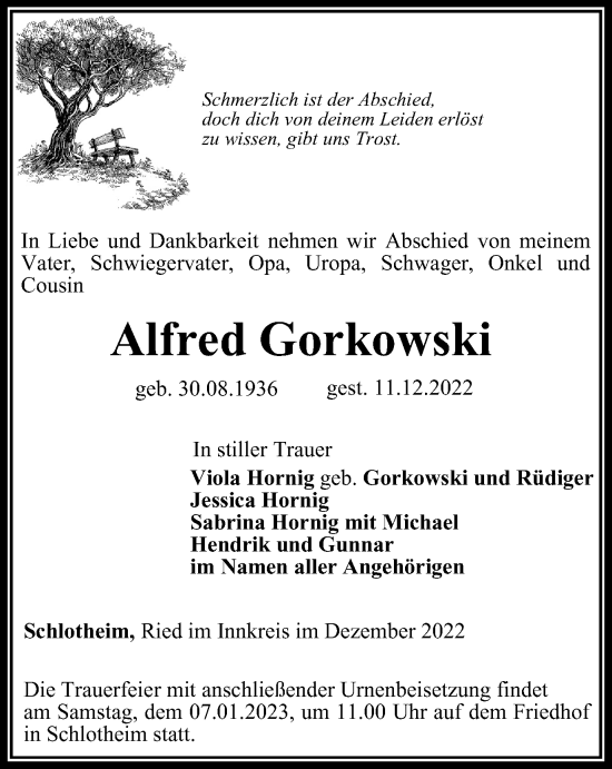 Traueranzeige von Alfred Gorkowski von Thüringer Allgemeine, Thüringische Landeszeitung