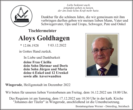 Traueranzeige von Aloys Goldhagen von Thüringer Allgemeine