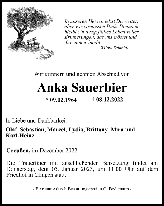 Traueranzeige von Anka Sauerbier