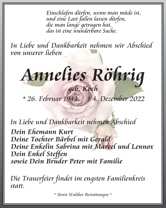 Traueranzeige von Annelies Röhrig