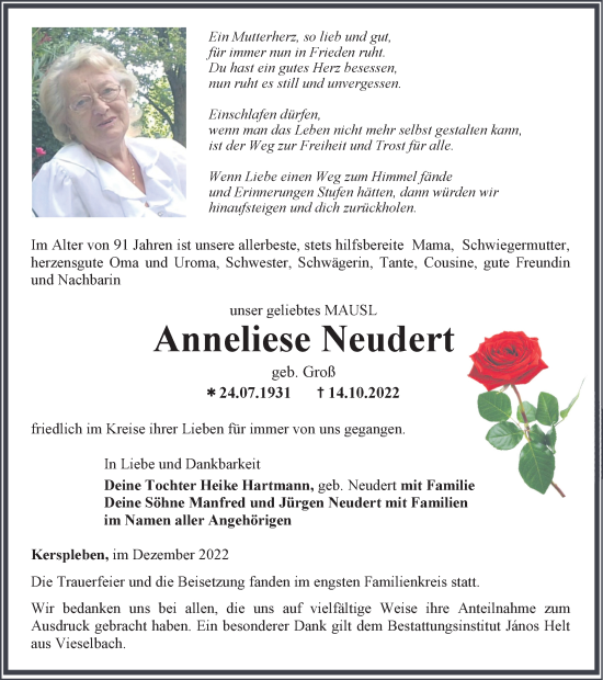 Traueranzeige von Anneliese Neudert von Thüringer Allgemeine, Thüringische Landeszeitung