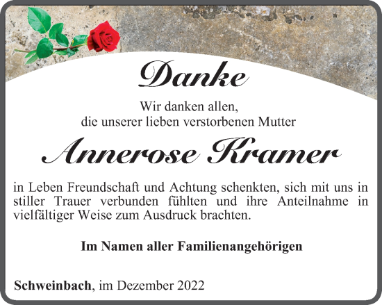Traueranzeige von Annerose Kramer von Ostthüringer Zeitung