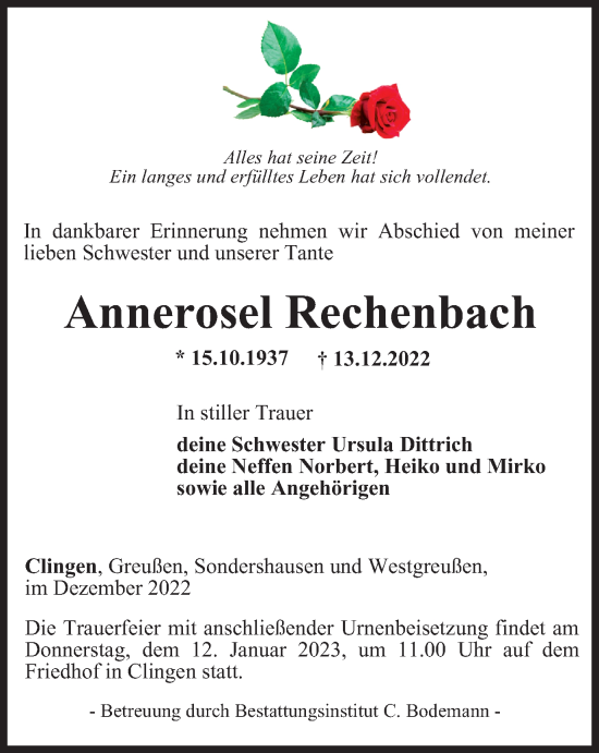 Traueranzeige von Annerosel Rechenbach