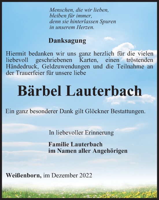 Traueranzeige von Bärbel Lauterbach von Ostthüringer Zeitung