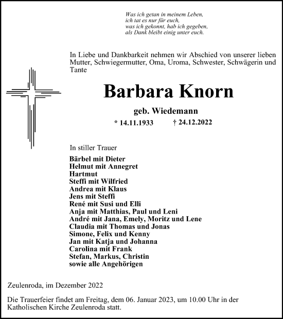 Traueranzeige von Barbara Knorn von Ostthüringer Zeitung