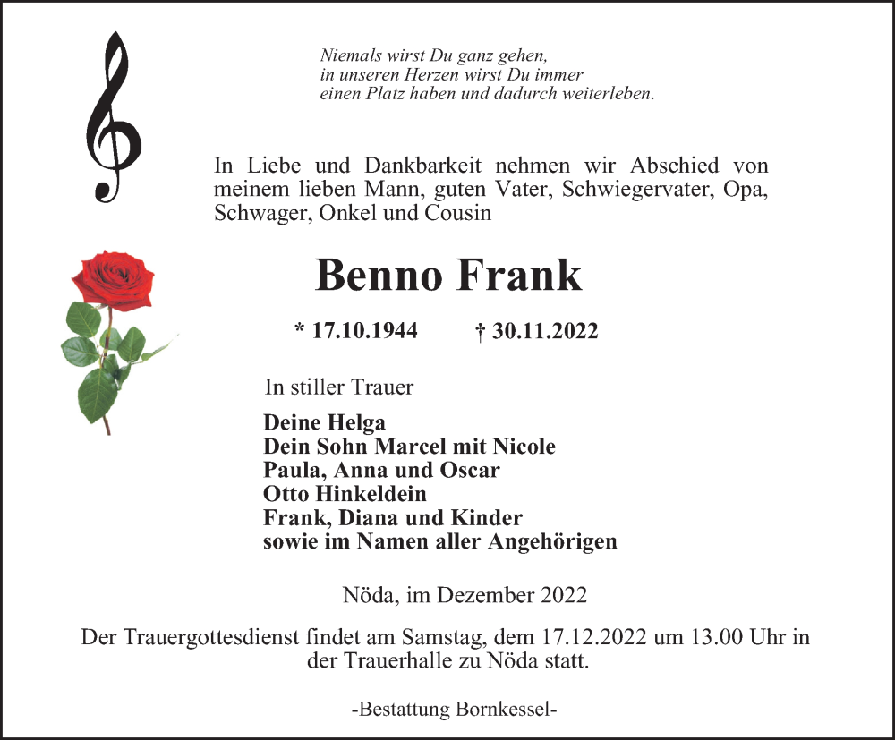  Traueranzeige für Benno Frank vom 10.12.2022 aus Thüringer Allgemeine, Thüringische Landeszeitung