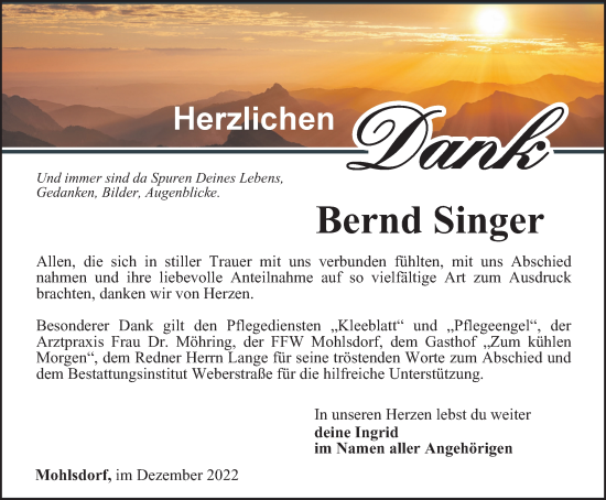 Traueranzeige von Bernd Singer von Ostthüringer Zeitung