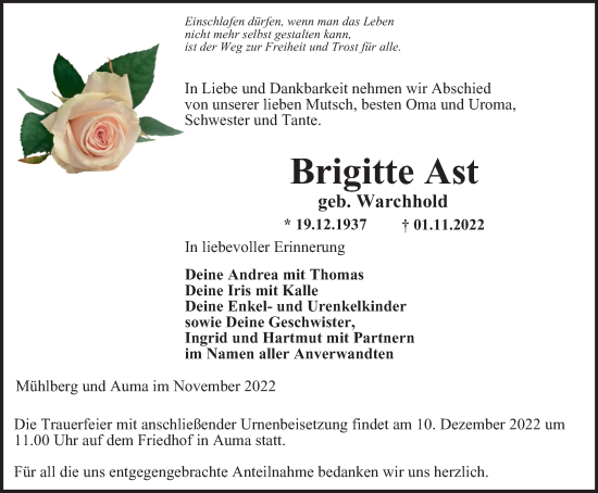 Traueranzeige von Brigitte Ast von Ostthüringer Zeitung