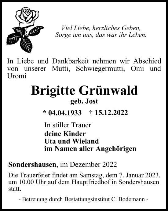 Traueranzeige von Brigitte Grünwald