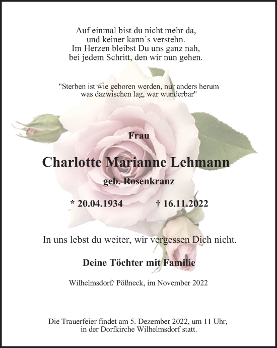 Traueranzeige von Charlotte Marianne Lehmann von Ostthüringer Zeitung