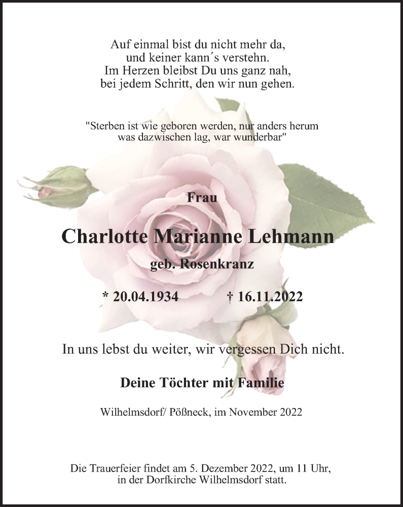  Traueranzeige für Charlotte Marianne Lehmann vom 01.12.2022 aus Ostthüringer Zeitung