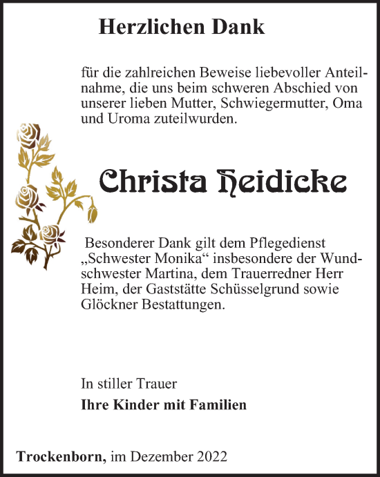 Traueranzeige von Christa Heidicke von Ostthüringer Zeitung