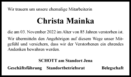 Traueranzeige von Christa Mainka von Ostthüringer Zeitung, Thüringische Landeszeitung