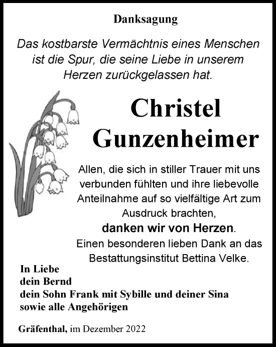 Traueranzeige von Christel Gunzenheimer von Ostthüringer Zeitung