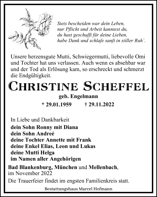 Traueranzeige von Christine Scheffel von Ostthüringer Zeitung