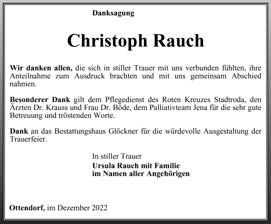 Traueranzeige von Christoph Rauch von Ostthüringer Zeitung