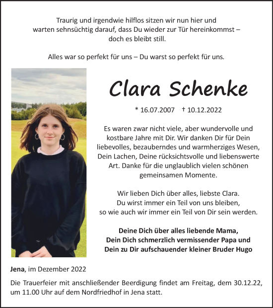 Traueranzeige von Clara Schenke von Ostthüringer Zeitung, Thüringische Landeszeitung