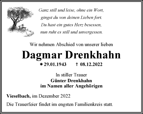 Traueranzeige von Dagmar Drenkhahn von Thüringer Allgemeine, Thüringische Landeszeitung