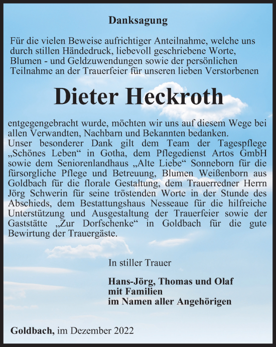 Traueranzeige von Dieter Heckroth von Thüringer Allgemeine, Thüringische Landeszeitung