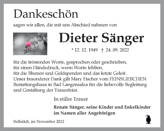 Traueranzeige von Dieter Sänger von Thüringer Allgemeine, Thüringische Landeszeitung