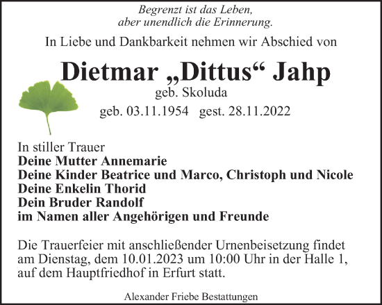 Traueranzeige von Dietmar  Jahp