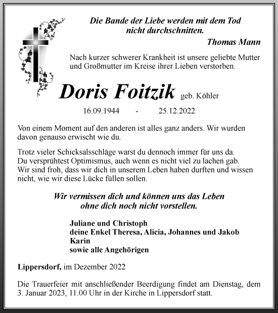 Traueranzeige von Doris Foitzik von Ostthüringer Zeitung