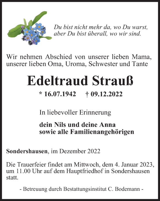 Traueranzeige von Edeltraud Strauß