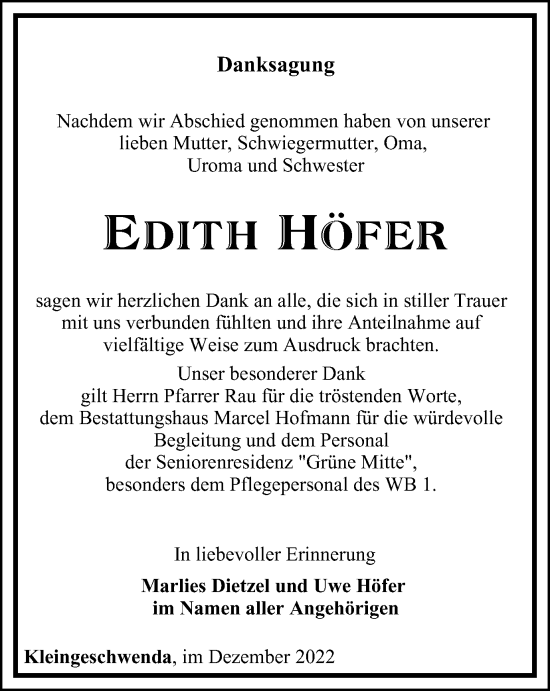 Traueranzeige von Edith Höfer