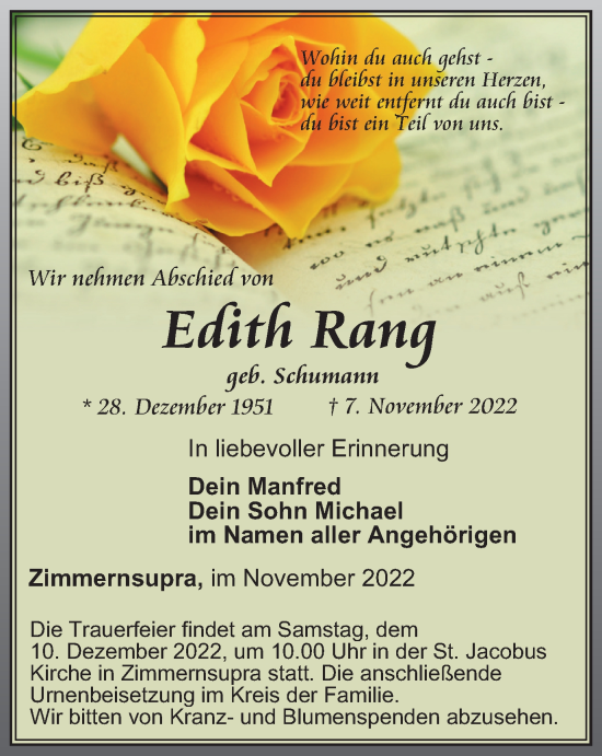 Traueranzeige von Edith Rang