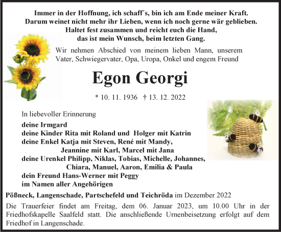 Traueranzeige von Egon und Irmgard Georgi von Ostthüringer Zeitung