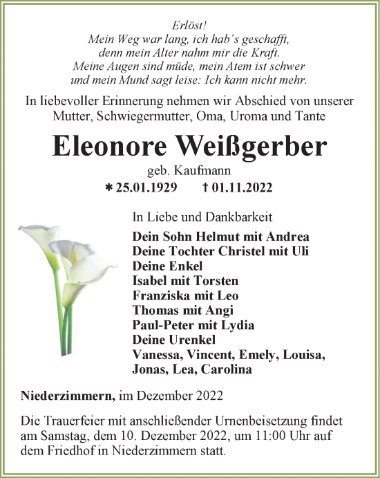 Traueranzeige von Eleonore Weißgerber von Thüringer Allgemeine, Thüringische Landeszeitung