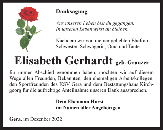 Traueranzeige von Elisabeth Gerhardt von Ostthüringer Zeitung