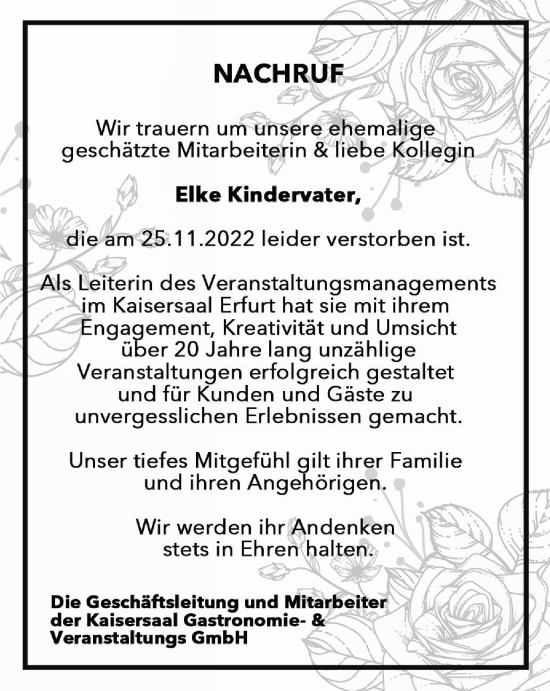 Traueranzeige von Elke Kindervater