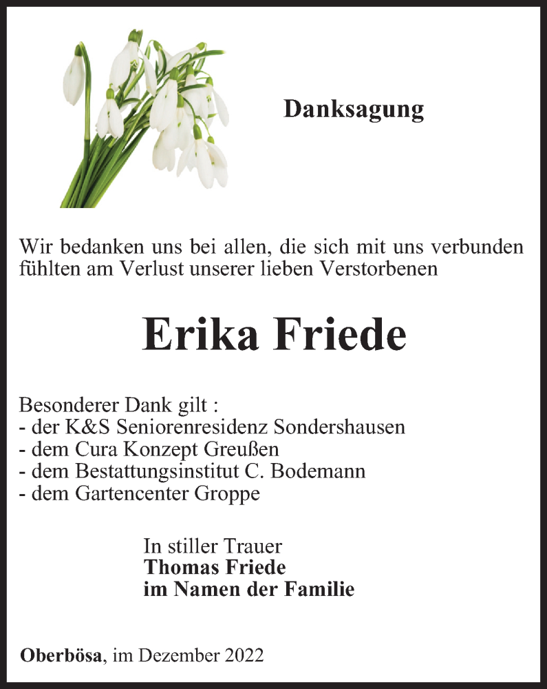  Traueranzeige für Erika Friede vom 17.12.2022 aus Thüringer Allgemeine