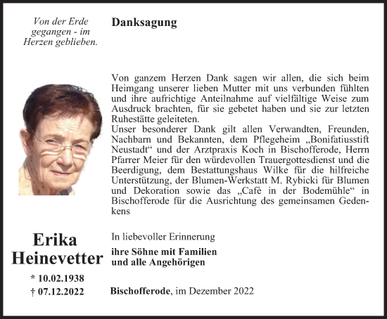 Traueranzeige von Erika Heinevetter von Thüringer Allgemeine