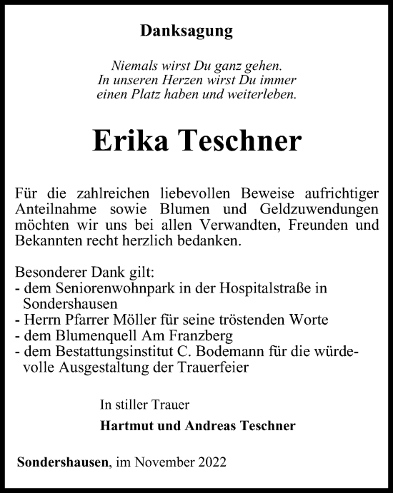 Traueranzeige von Erika Teschner