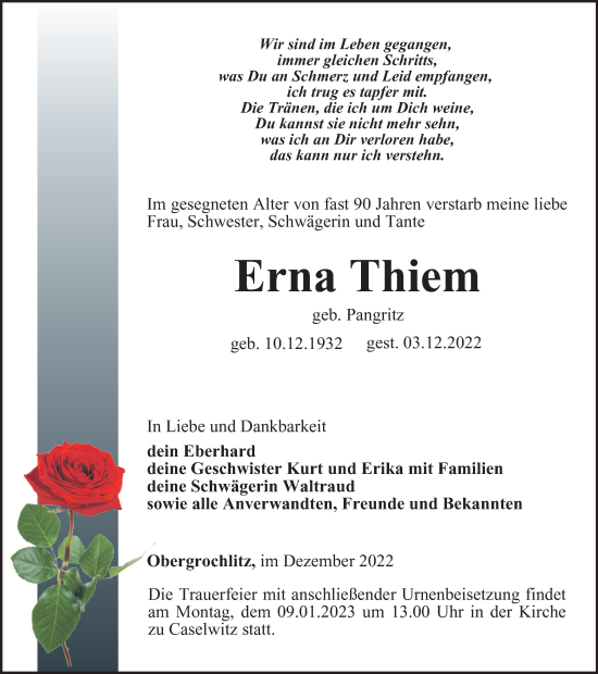 Traueranzeige von Erna Thiem von Ostthüringer Zeitung