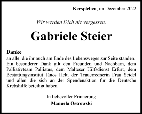 Traueranzeige von Gabriele Steier von Thüringer Allgemeine, Thüringische Landeszeitung