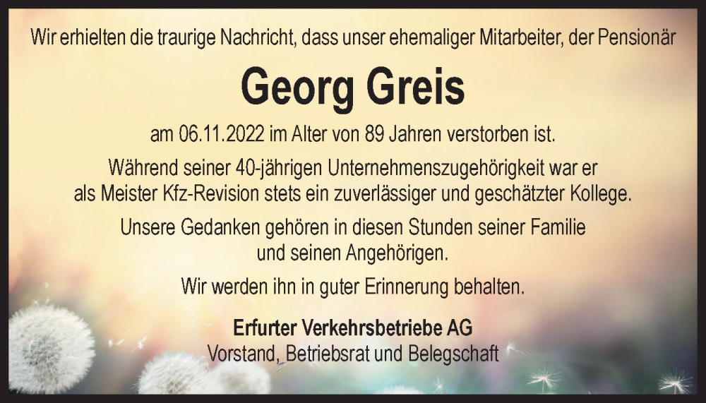  Traueranzeige für Georg Greis vom 10.12.2022 aus Thüringer Allgemeine, Thüringische Landeszeitung