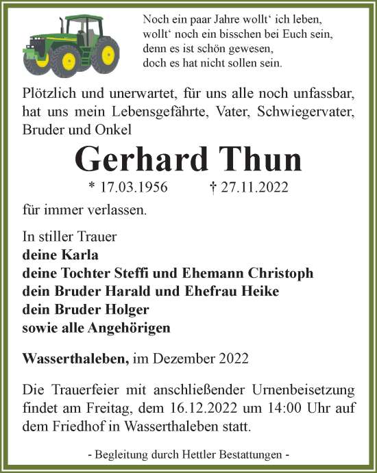 Traueranzeige von Gerhard Thun von Thüringer Allgemeine
