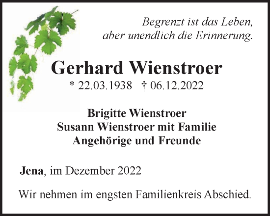 Traueranzeige von Gerhard Wienstroer von Ostthüringer Zeitung, Thüringische Landeszeitung