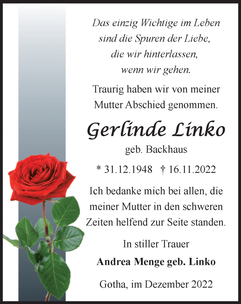  Traueranzeige für Gerlinde Linko vom 03.12.2022 aus Thüringer Allgemeine, Thüringische Landeszeitung