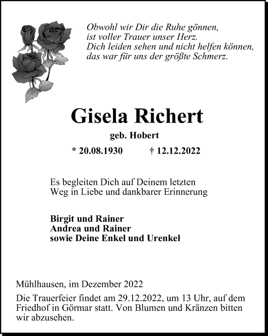 Traueranzeige von Gisela Richert von Thüringer Allgemeine, Thüringische Landeszeitung